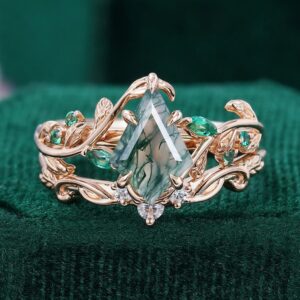 Image Nature Inspired – Unique Kite Cut Moss Agate Leafy Bridal Ring Sets (2pcs) – “Willow”